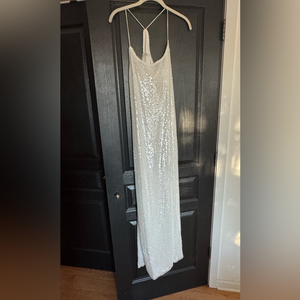12th Tribe White Sequin Spaghetti Strap Wedding Dress